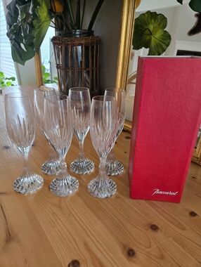 Baccarat Clear Massena Crystal Champagne Flutes with Faceted Stems (Set of 6)
